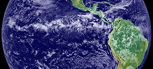 The thunderstorms of the Intertropical Convergence Zone form a line across the eastern Pacific Ocean.